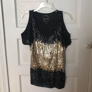 INC Black and Gold Sequin Cold Shoulder Top